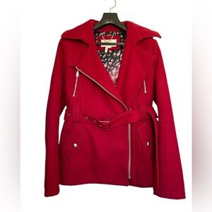 Cherry Red BCBG hooded and belted winter peacoat with silver brand hardware.